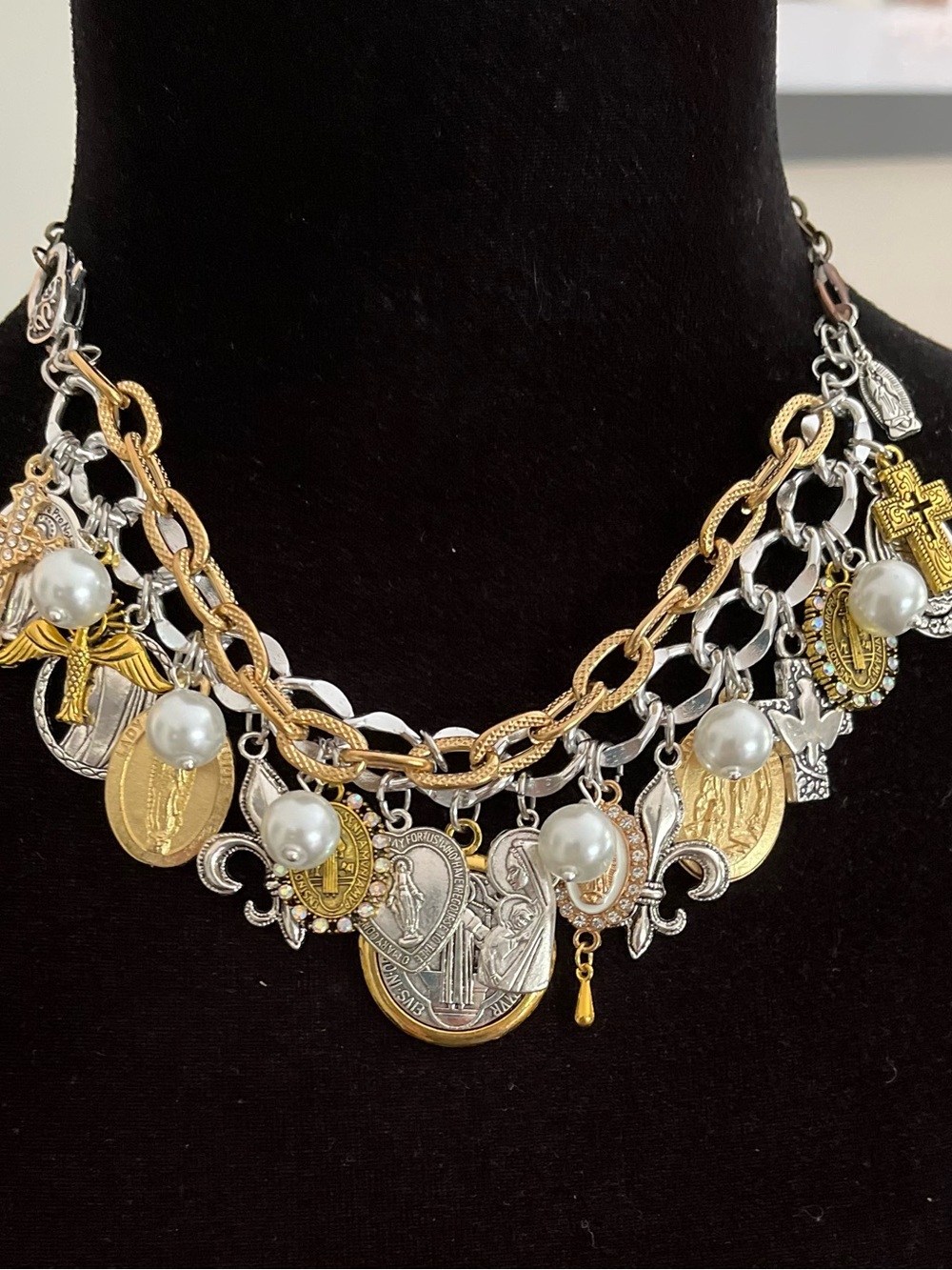 Catholic Saints and Crosses Charm Bracelet: St. Benedict, Silver and gold